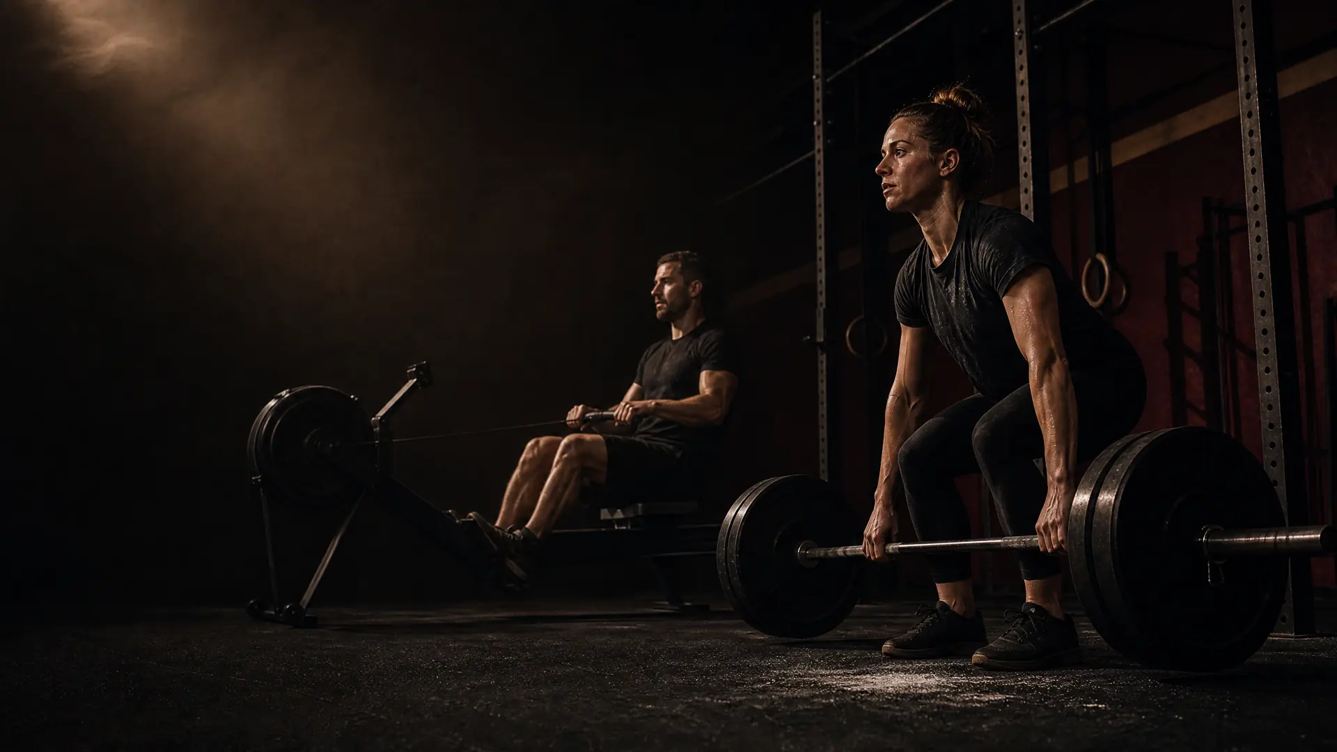 Athletes training with a rower and barbell in a functional fitness gym