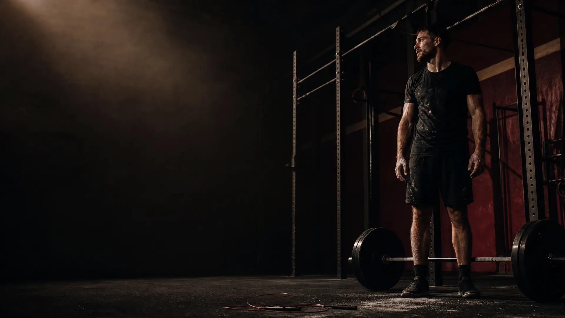 Athlete preparing for a functional fitness workout beside a barbell and pull-up rig