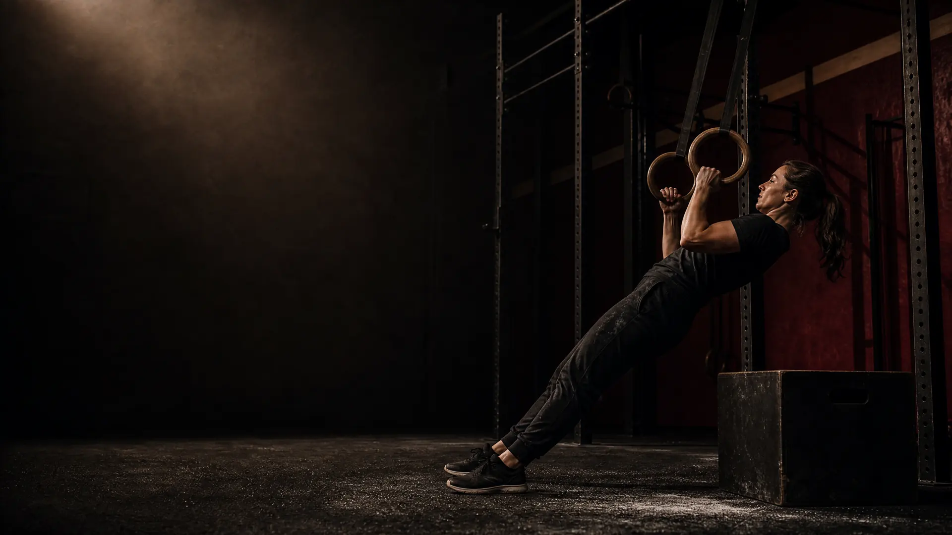 Athlete practicing a controlled scaled pulling movement with gymnastic rings